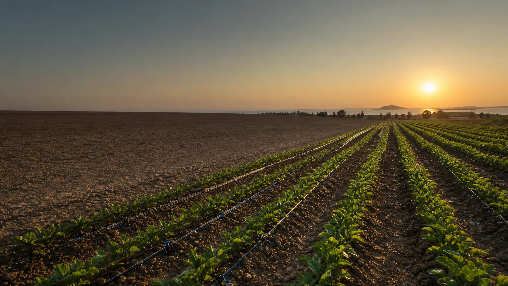Campo mediterraneo irrigato in luce dorata